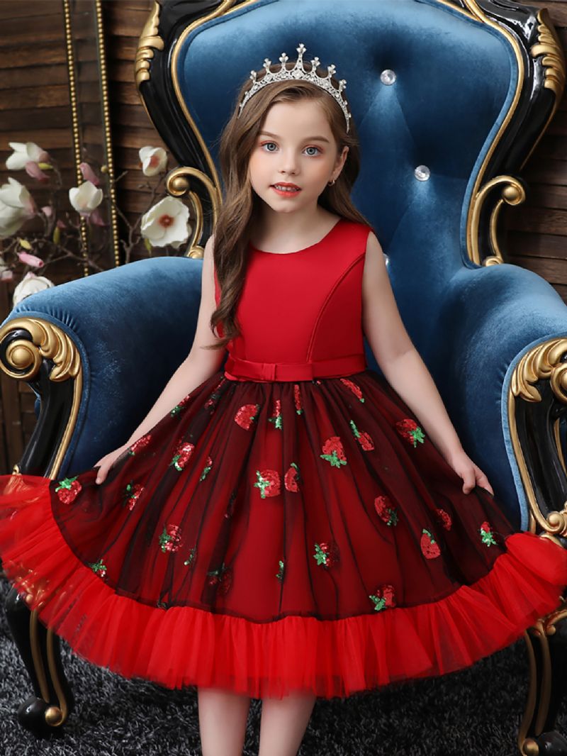 Jenter Elegant Ermeløs Prinsessekjolekostyme Med Jordbærbroderi Til Julefestforestilling