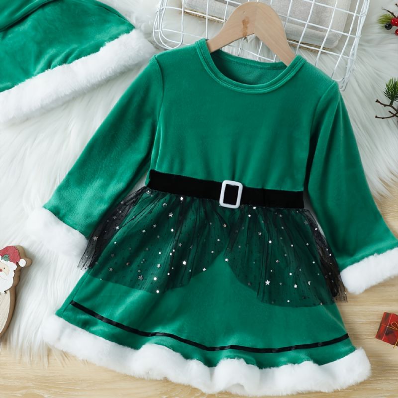 Jenter Elegant Gorgeous Velvet Mesh Princess Dress & Nisselue For Christmas Party