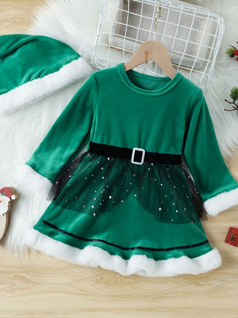 Jenter Elegant Gorgeous Velvet Mesh Princess Dress & Nisselue For Christmas Party