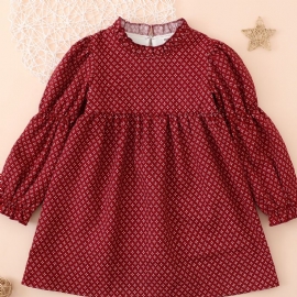 Jenter Fleece Dress Langermet Ruffle Rund Neck Print Winter