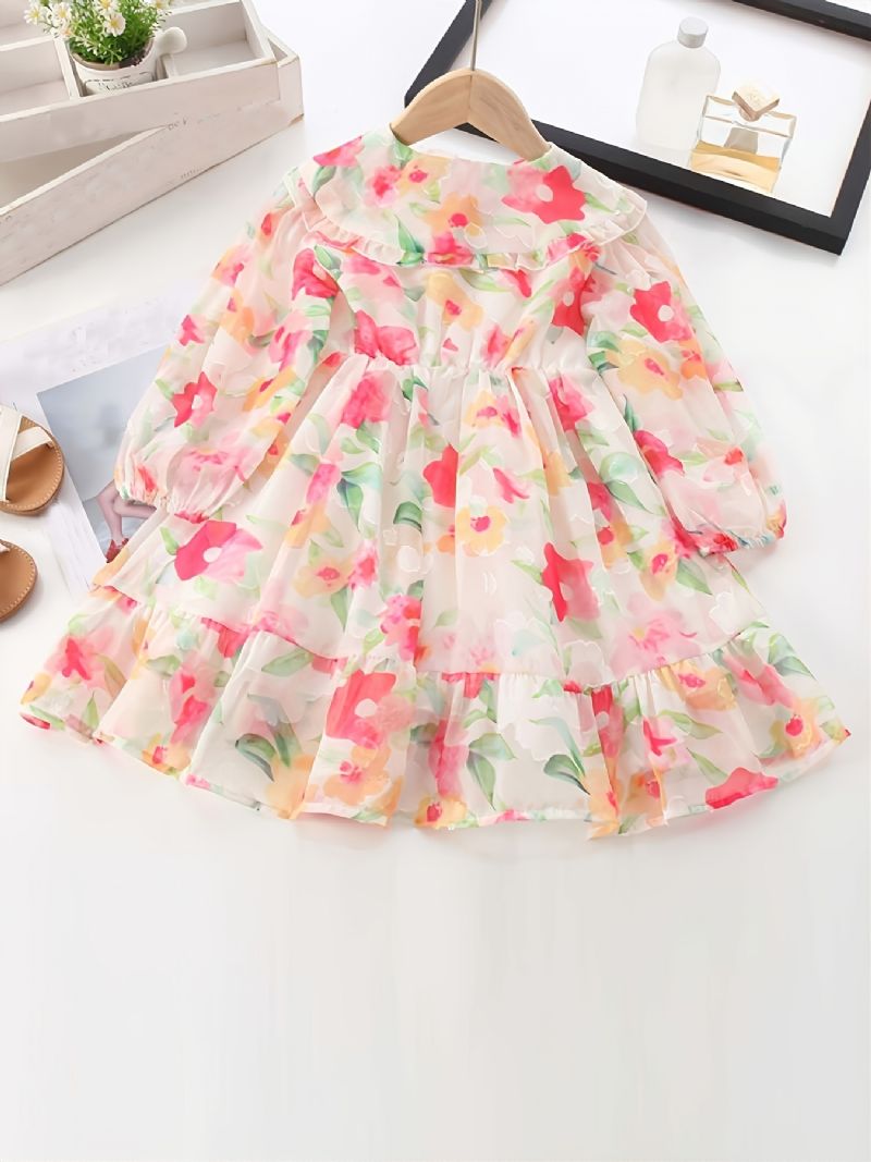 Jenter Floral Chiffon Dress Langermet Doll Collar Princess