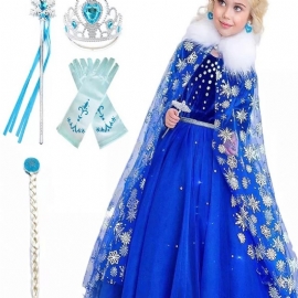Jenter Himmelblå Festkjole&krone&smykker&hansker&prinsessepinne