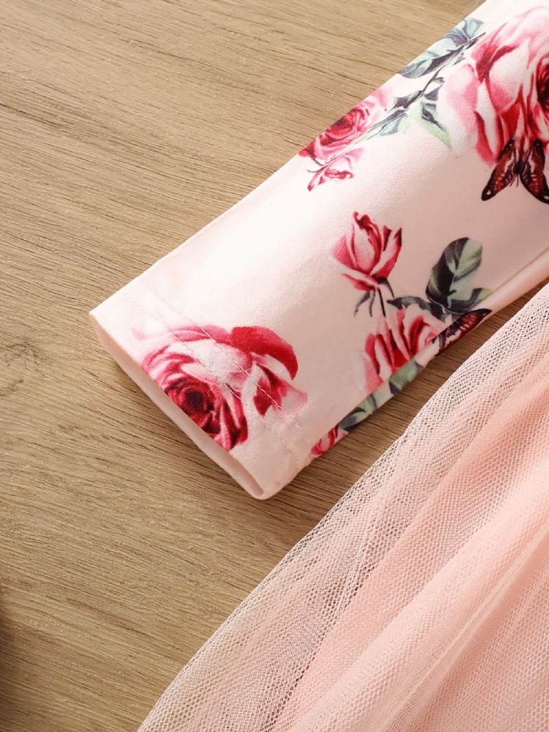 Jenter Mesh Blomster & Butterfly Print Langermet Kjole Klær