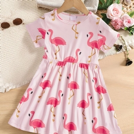 Jenter Pink Flamingo Print Kortermet Kjole