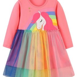 Jenter Rainbow Unicorn Pattern Mesh Dress Barneklær