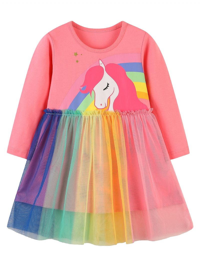 Jenter Rainbow Unicorn Pattern Mesh Dress Barneklær