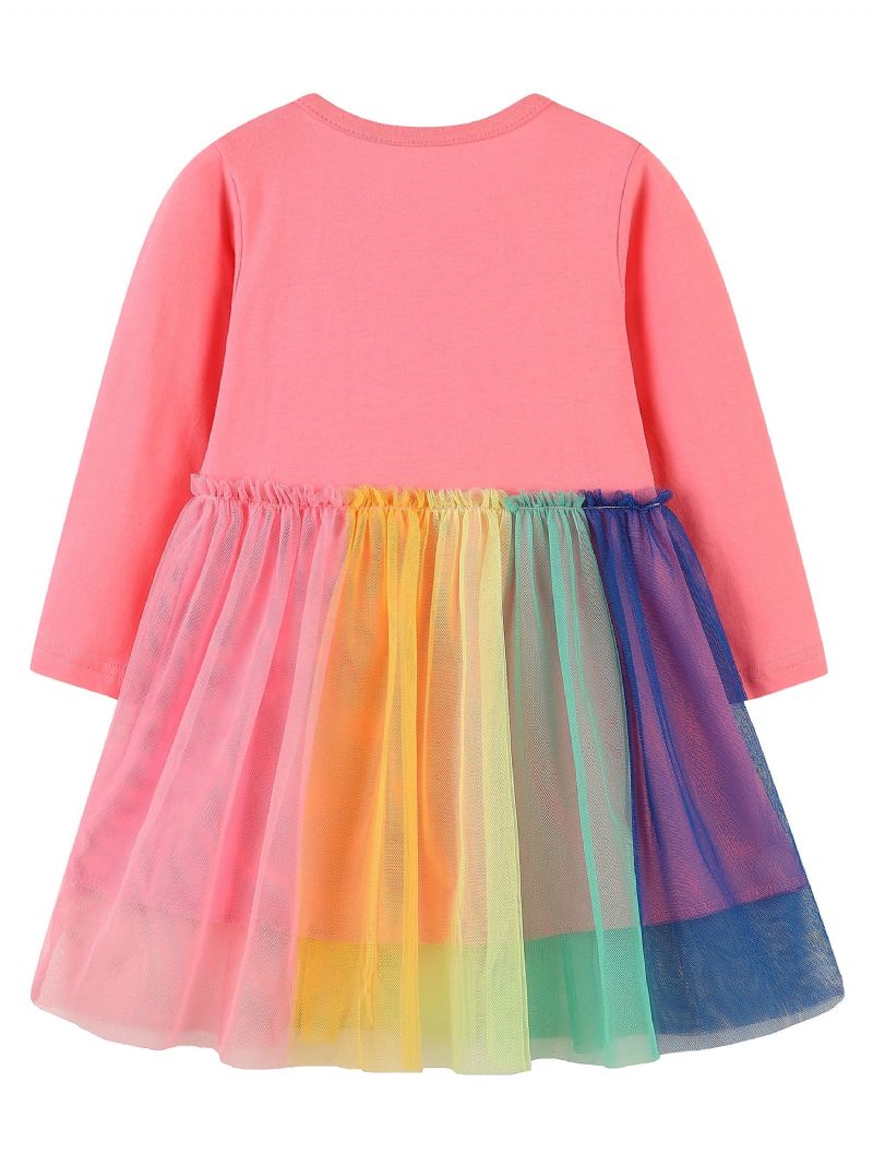 Jenter Rainbow Unicorn Pattern Mesh Dress Barneklær