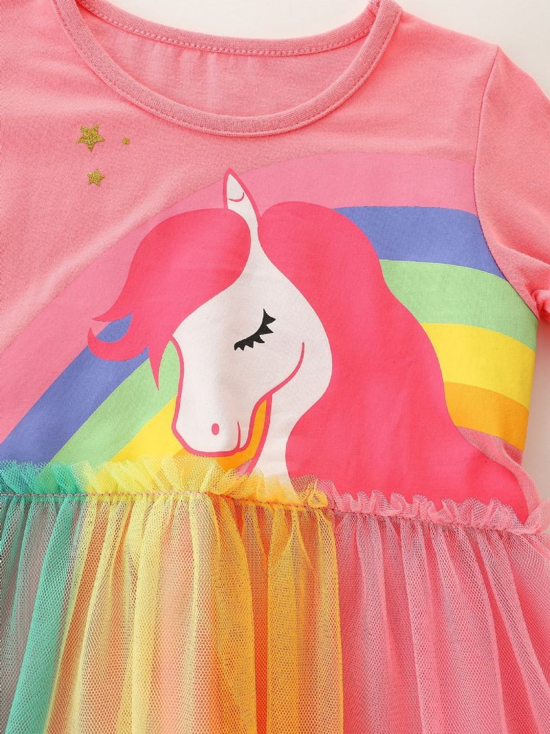 Jenter Rainbow Unicorn Pattern Mesh Dress Barneklær