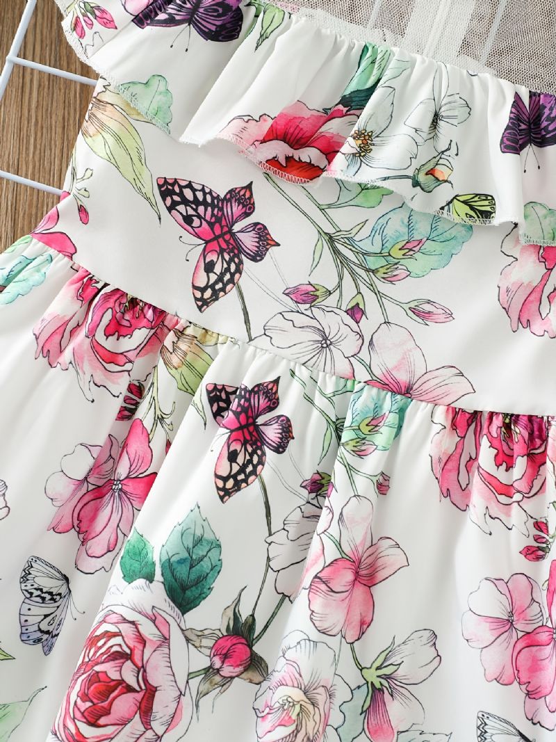 Jenter Ruffle Flower Print Off-shoulder Kjole Barneklær Antrekk