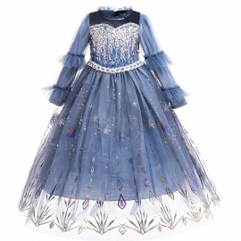 Jenter Snowflake Print Mesh Langermet Elsa Princess Gown Dress Barneklær Til Jul
