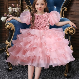 Jenter Søt Elegant Puff Sleeve Mesh Princess Dress For Performance Party Kostymer Rosa