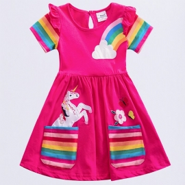 Jenter Søt Tegneserie Ruffled Kjole Med Unicorn Rainbow Print Kortermet Crew Neck