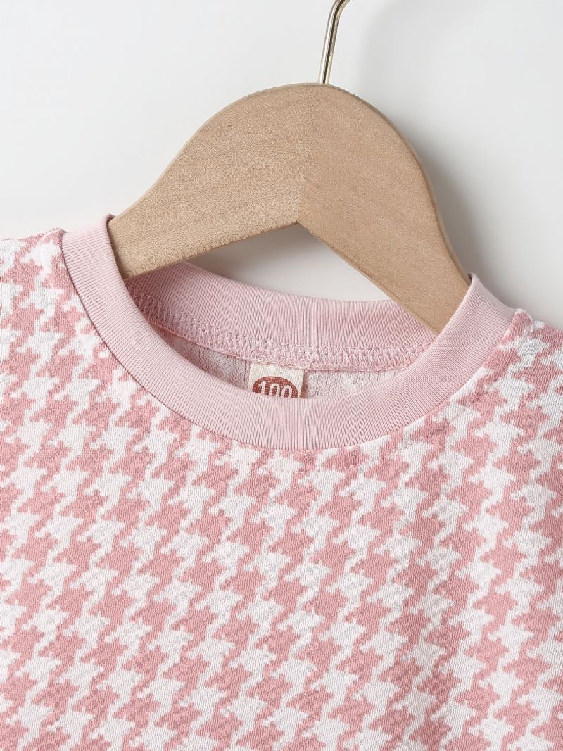 Jenter Søt Uformell Ruffled Kjole Med Houndstooth Print Kortermet Crew Neck Til Fest