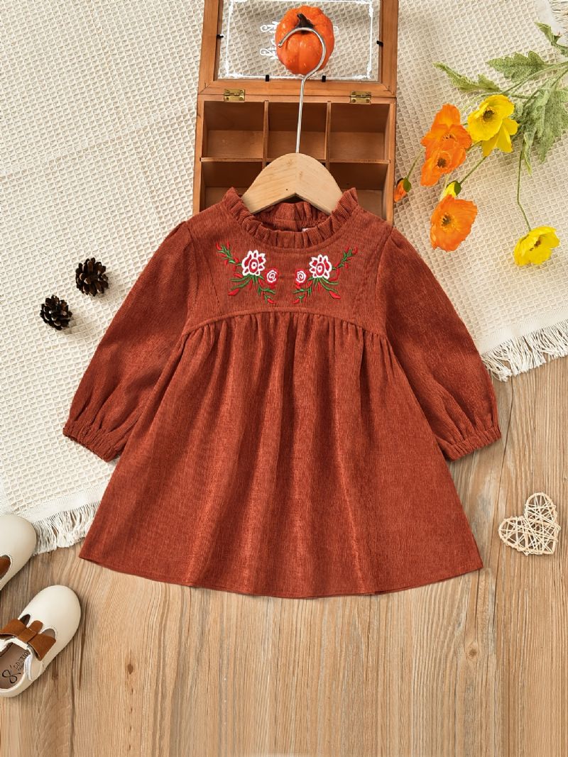 Jenter Vintage Blomster Brodert Corduroy Kjole Langermet Ruffet Hals Prinsessekjole For Høst Vinter
