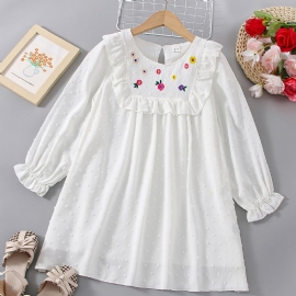 Jenter White Floral Brodery Langermet Ruffle Dress Klær