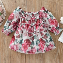 Småbarn Jenter Flower Print Ruffle Neck Kjole