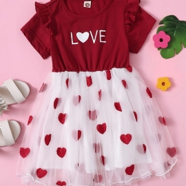 Småbarn Jenter Mesh Skjøtekjole Kortermet Rundhals Ruffle Heart Print Dress