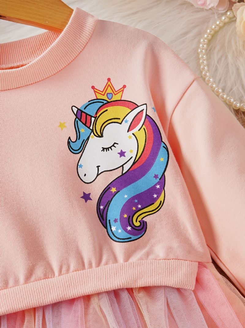 Småbarn Jenter Prinsessekjole Langermet Rundhalset Unicorn Print Mesh Kjole