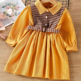 Småbarn Jenter Rutet Corduroy-kjole Langermet Lapel Vintage Patchwork-kjole