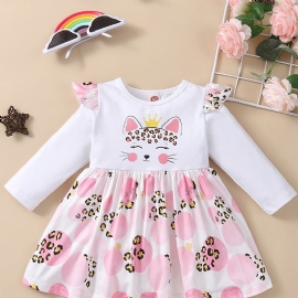 Spedbarn Jenter Langermet Flying Sleeve Dress Rund Hals Søt Cat Print Babyklær