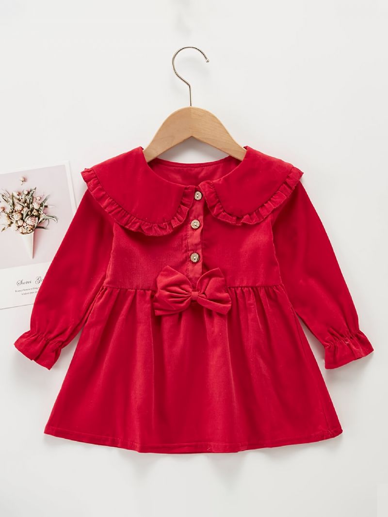 Toddler Jent Sløyfe Dekor Lapel Collar Dress