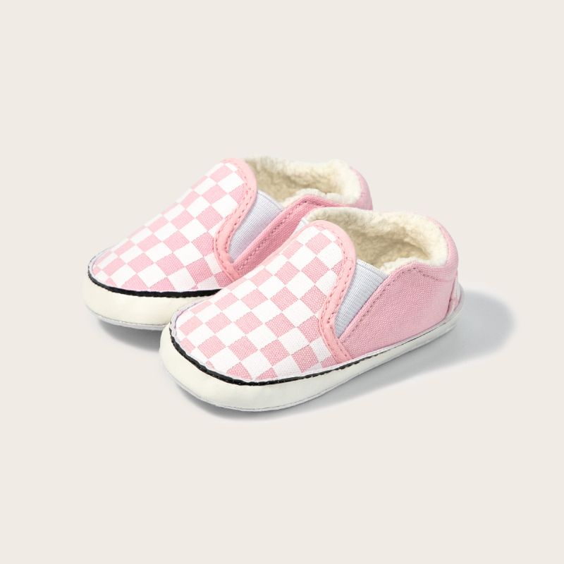 Spedbarn Baby Canvas Sko Sjakkbrett Mønster Myk Såle Slip On Uformelle Joggesko First Walkers Plysj Forede Loafers Crib Sko