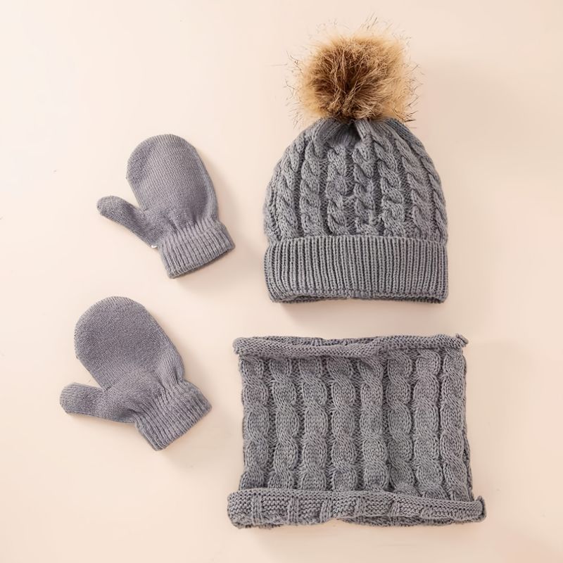 3 Stk Babylue Skjerfhanskersett Spedbarn Småbarn Vinter Varm Strikket Lue Med Pom Poms & Votter & Skjerf For Gutter Jenter