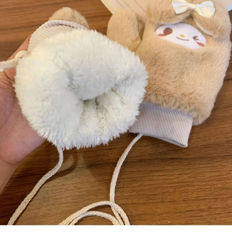 Tykke Varme Hansker Votter Med Snøre Søte Furry Dame Jenter Vinterhansker