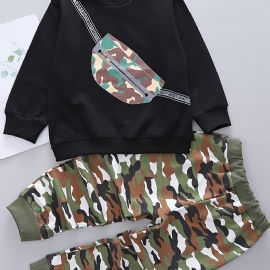 2 Stk Baby Camouflage Skolesekk Print Pullover Rund Hals Langermet Sweater & Buksesett For Gutter