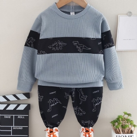 2 Stk Baby Dinosaur Print Skjøte Pullover Rund Hals Langermet Sweatshirt & Buksesett For Jenter Gutter