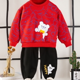 2 Stk Baby Gutter Bear Print Pullover Rund Hals Langermet Sweatshirt & Buksesett Barneklær