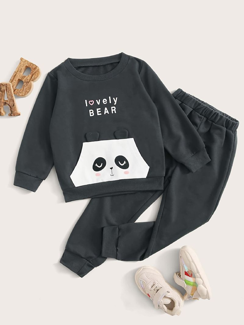 2 Stk Baby Gutter Brevtrykk Panda Tegneserie Rundhals Langermet Genser Sweatshirt Solid Elastisk Midjebuksesett Klær