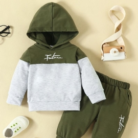 2 Stk Baby Gutter Casual Sett Med Bokstavtrykk Fargeblokk Sweatshirt & Sweatpants For Vinter