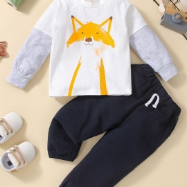 2 Stk Baby Gutter Fox Print Pullover Rundhals Langermet Sweatshirt & Buksesett
