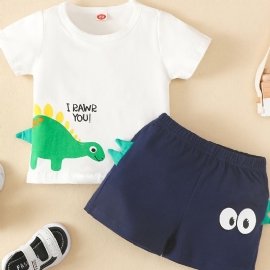 2 Stk Baby Gutter Kortermet Dinosaur Letter Print Tee & Shorts Sett Barneklær