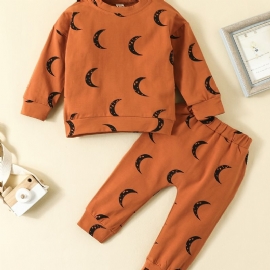 2 Stk Baby Gutter Moon Print Rund Hals Langermet Sweatshirt & Buksesett