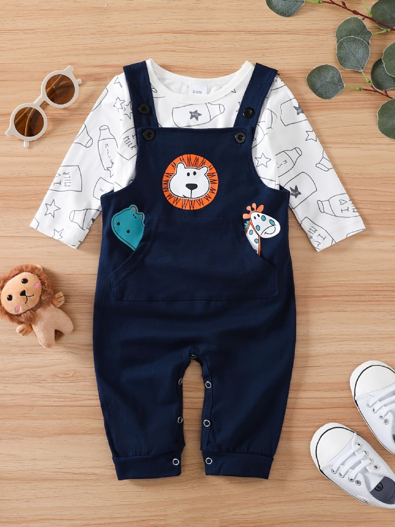2 Stk Baby Gutter Søt Melkeflaske Print Topper & Animal Smekkebukser Set For Winter