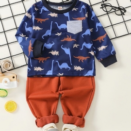 2 Stk Baby Gutter T-skjorte Dinosaur Print Rund Hals Langermet Topp & Buksesett Barneklær