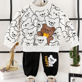 2 Stk Baby Gutter Tegneserie Bear Print Pullover Rundhals Langermet Sweatshirt & Buksesett Barneklær