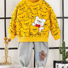 2 Stk Baby Gutter Tegneserie Bear Print Pullover Rundhals Langermet Sweatshirt & Buksesett Barneklær