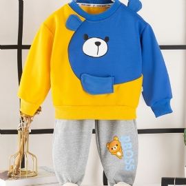 2 Stk Baby Gutter Tegneserie Bjørn Skjøting Genser Rund Hals Langermet Sweatshirt Og Buksesett Barneklær