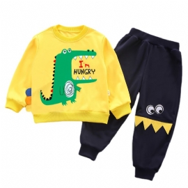 2 Stk Baby Gutter Tegneserie Dinosaur Print Pullover Rundhals Langermet Sweatshirt & Bukser Barneklær Sett