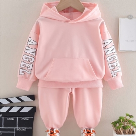 2 Stk Baby Jenter Hettegenser Bokstavtrykk Langermet Genser Sweatshirt & Buksesett