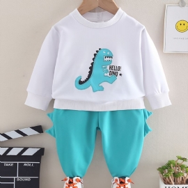 2 Stk Baby Little Dinosaur Print Pullover Rund Hals Langermet Sweatshirt & Buksesett For Jenter Gutter
