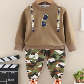 2 Stk Babystropp Solbriller Print Pullover Rundhals Langermet Sweatshirt & Kamuflasjebuksesett For Gutter