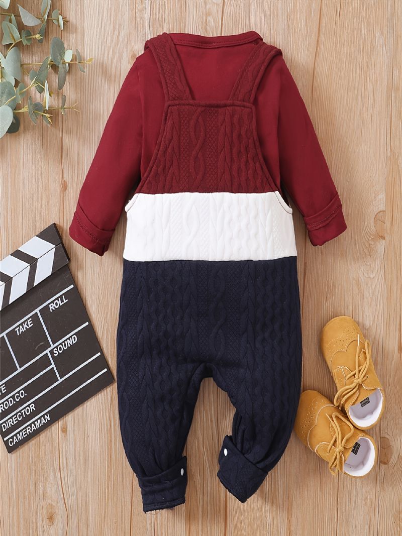 2 Stk Barnesett Gutter Og Jenter Baby Cozy Solid Cotton Langermet Topp Og Fargeblokkstrikket Stripete Smekkebukser