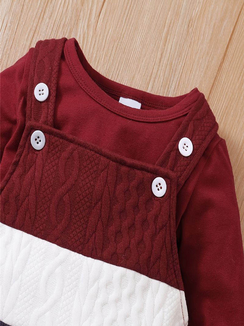 2 Stk Barnesett Gutter Og Jenter Baby Cozy Solid Cotton Langermet Topp Og Fargeblokkstrikket Stripete Smekkebukser