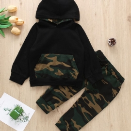 2 Stk Gutter Casual Camo Print Hette Langermet Buksesett