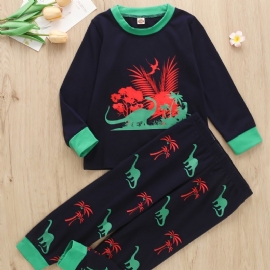 2 Stk Gutter Casual Dinosaur Print Langermet Sett