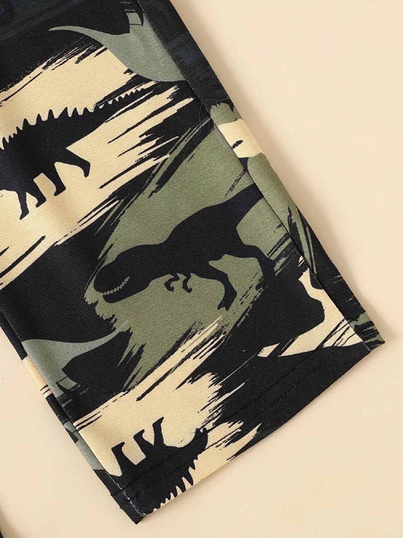 2 Stk Gutter Casual Søt Dinosaur Print Stitching Hettegenser & Joggebukser Til Vinter